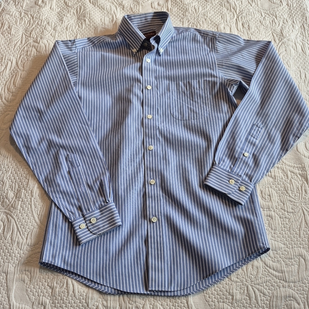 Brooks Brothets boys size 14 button down blue with white stripes shirt PLAY COND